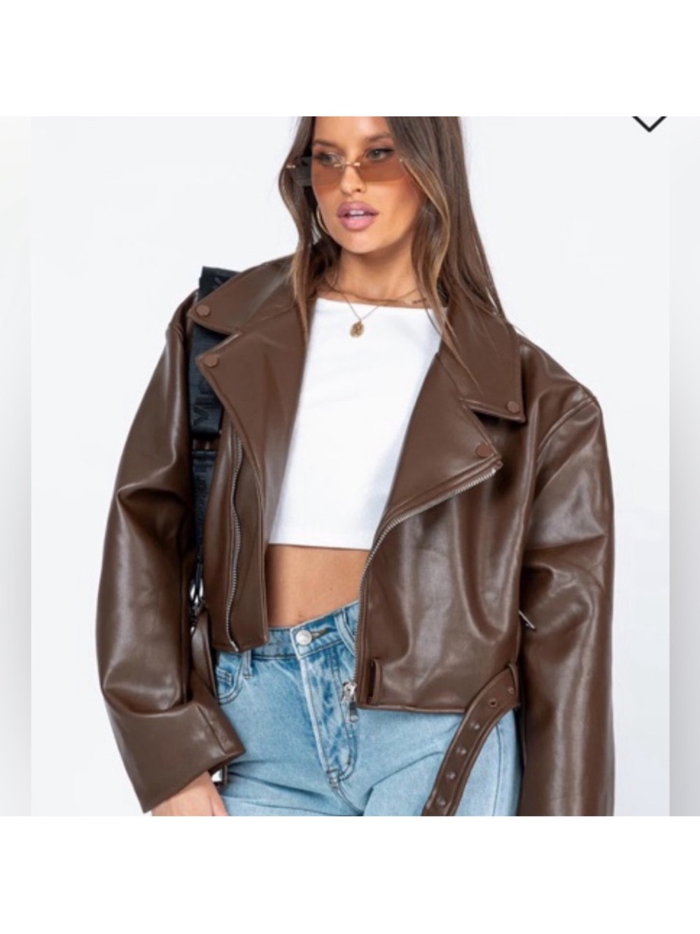 Lioness Brown Faux Leather Cropped Bomber Jacket